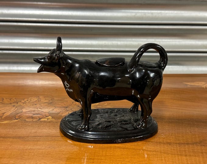 Black Antique 19th Century Staffordshire Jackfield Pottery Cow Creamer