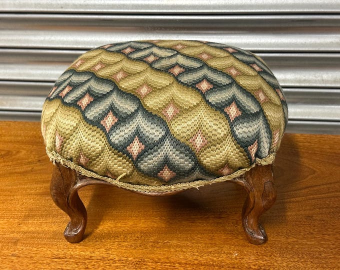 Victorian Walnut Framed Footstool, Upholstered in an Abstract Fabric, with Cabriole Legs