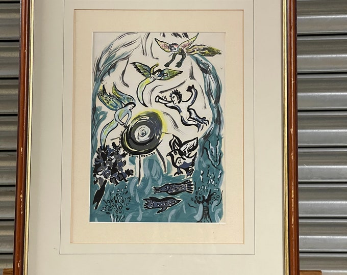 Original Surreal Style Watercolour Of Cherubs, Angels and Birds etc dancing around a swirling circular object In the style Of Marc Chagall
