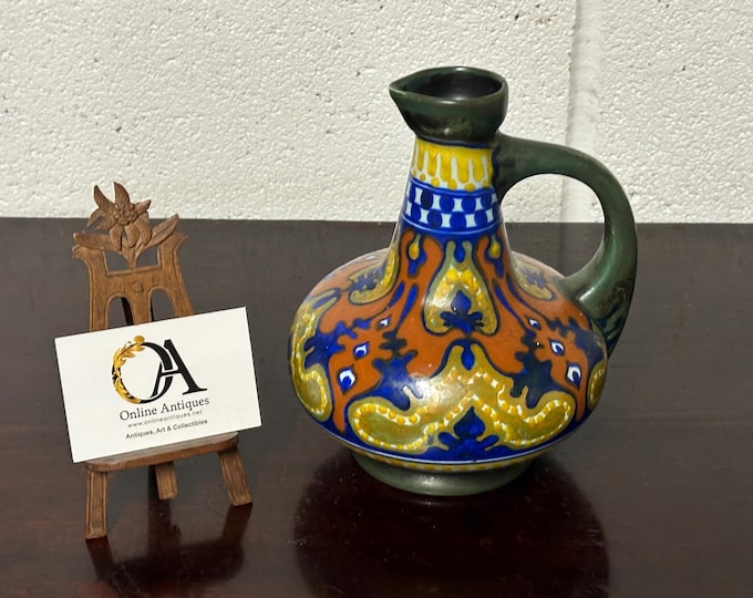 Gorgeous Antique Art Deco Gouda Rhodian Holland Vase - Handpainted Ceramic Pitcher Vase