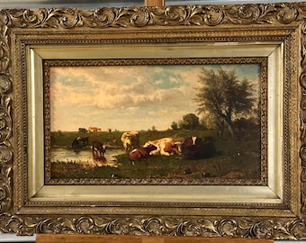 Antique Chromolithograph, Cows in the Meadow After 19thC Artist Gerard Bilders