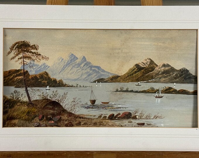Beautiful Antique 19th Century Watercolour Depicting A Mountain Lake View