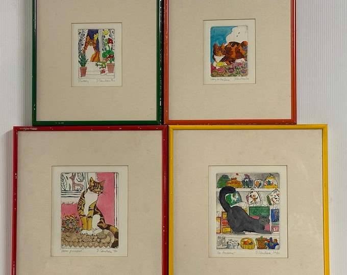 Four Limited Edition Cat Hand Coloured Prints By Daphne Sandham