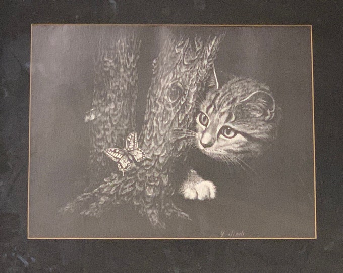 Wonderful Original Etched Study Of A Cat And A Butterfly By Y Nistli