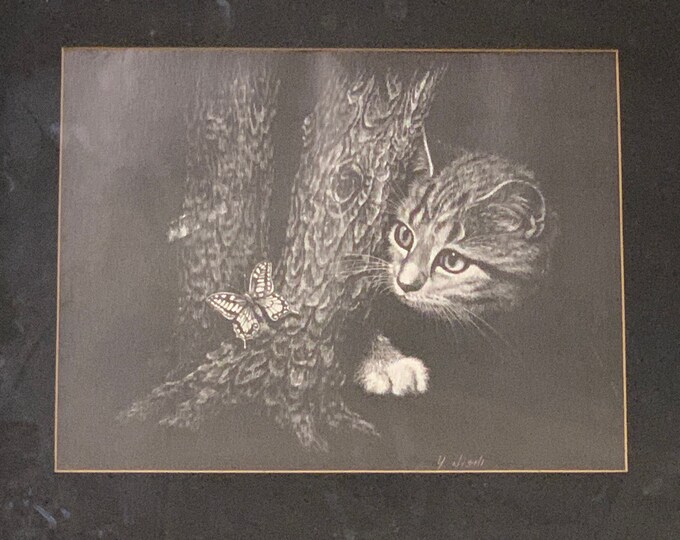 Wonderful Original Etched Study Of A Cat And A Butterfly By Y Nistli