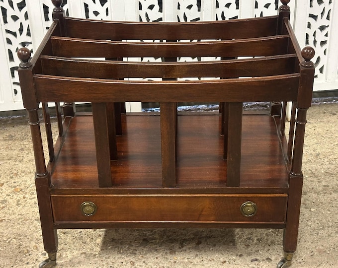 Edwardian Mahogany Canterbury Magazine Rack with Drawer & Brass Castors