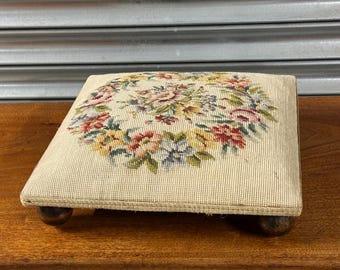 Antique Victorian Needlepoint Footstool – Floral Tapestry Top & Bun Feet