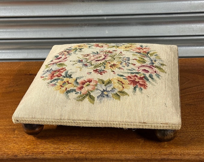 Antique Victorian Needlepoint Footstool – Floral Tapestry Top & Bun Feet