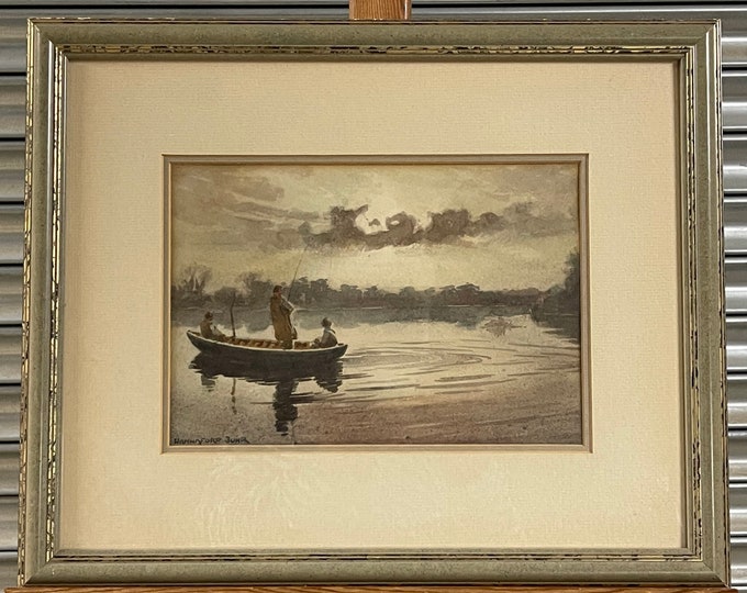 Beautiful Original Watercolour Depicting a Fishing Scene at Sunset By Charles Arthur Hannaford