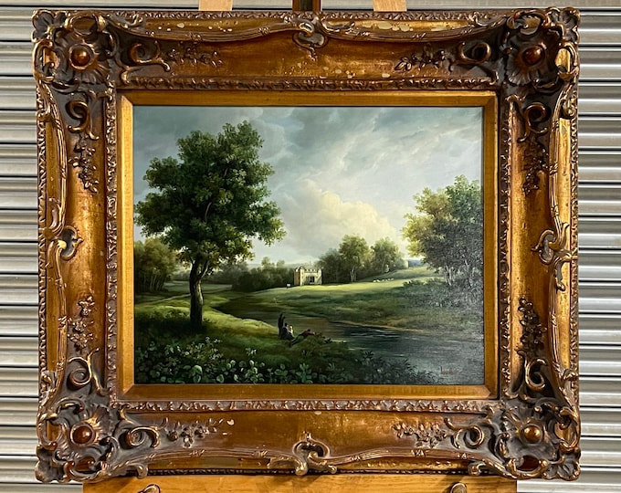 Stunning Original Painting By Humphrey (S H Song) Of A Fishing Scene Mounted in a Beautiful Extremely Heavy Ornate Gilt Frame