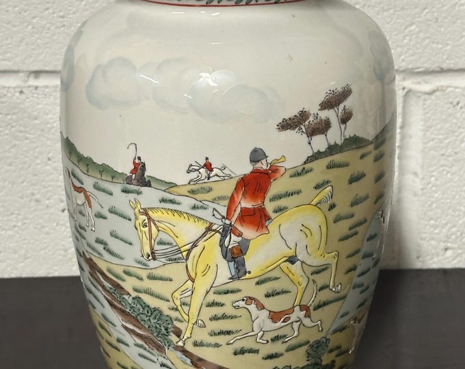 Antique Early 1900’s Chinese Porcelain Vase With Hand Decorated Hunting, Horse & Hound Scene