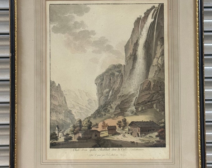 Johann Ludwig Aberli Fall d-eau apellee Staubbach in the Vallee Louterbrunnen  - Hand Coloured Engraving