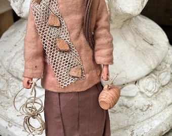 Vintage Antique Handmade Terracotta /Wood Folk Art Style Fisherman Doll Figurine