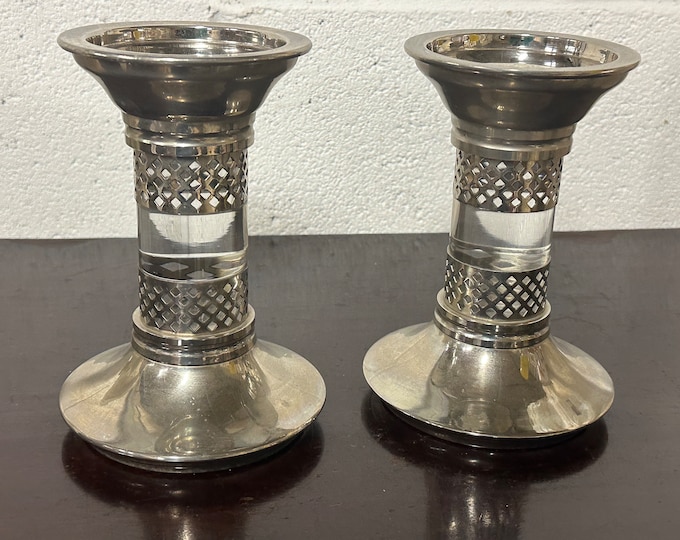 Pair of Vintage White Metal Silver Tone Candle Holders