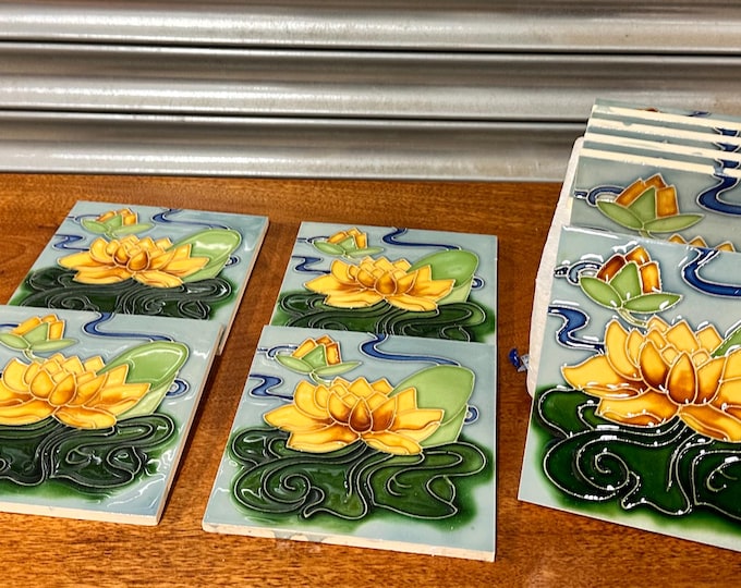 Set Of 10 Vintage Beautiful Chinese Import Hand Made Lilly Pad Ceramic Tiles