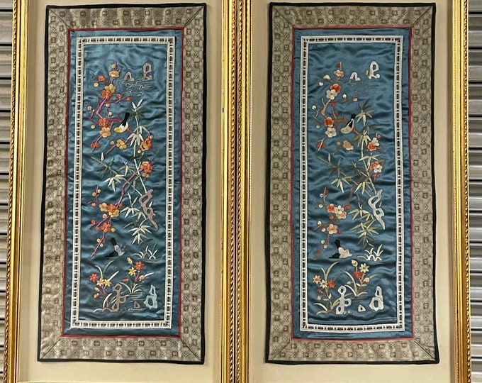 Stunning Pair Of Large Chinese Hand Embroidered Silk Artwork