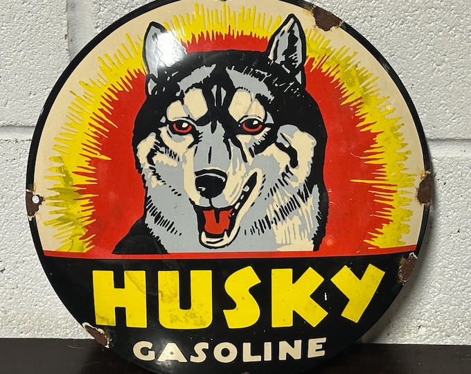 Vintage Husky Gasoline Enamelled Circular Advertising Sign