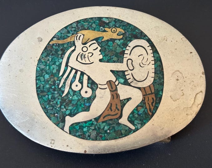 Vintage Hecho En Mexico Colour Stone Inlay Silver Tone Belt Buckle