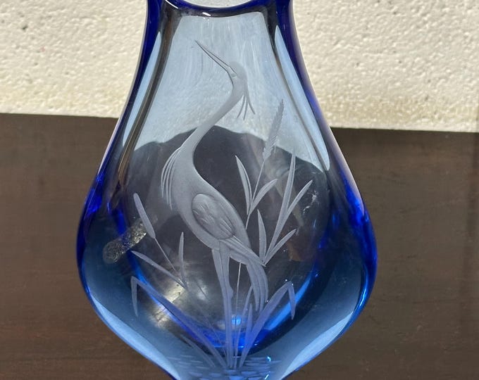 Beautiful Blue Glass Vase Etched With A Heron Amongst Reeds
