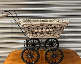 Vintage Style Wicker Dolls Pram / Decorative Pushchair Basket on Wheels