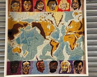Lovely Large Handmade 1960’s Vintage Embroidery of People of Different Cultures and Map of the World