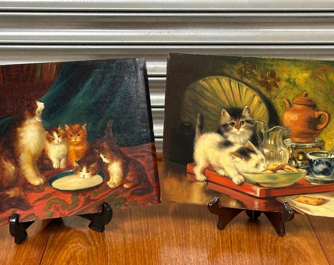 Two Adorable Original Oil Paintings On Board Of Kittens