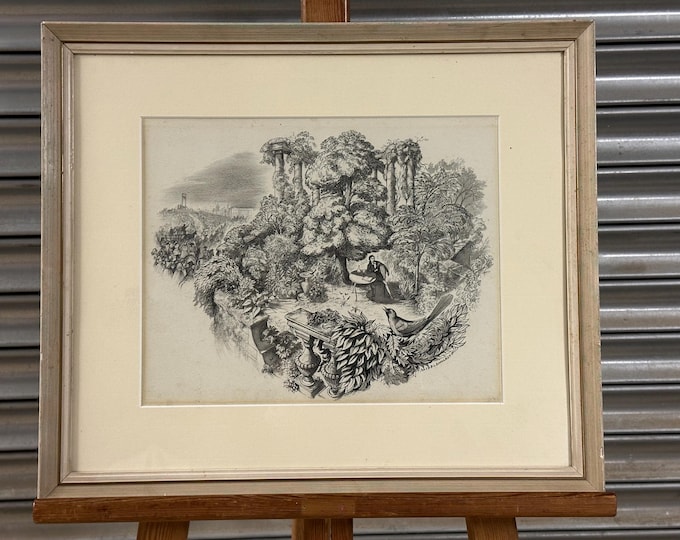 Antique Pen And Wash Artwork, Woodland Figure And Bird Scene Signed Middlehurst