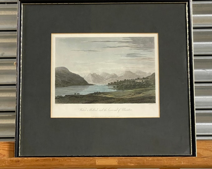 Antique Framed & Glazed Coloured Engraving - Water Millock and the lower end of Ullswater n the Lake District
