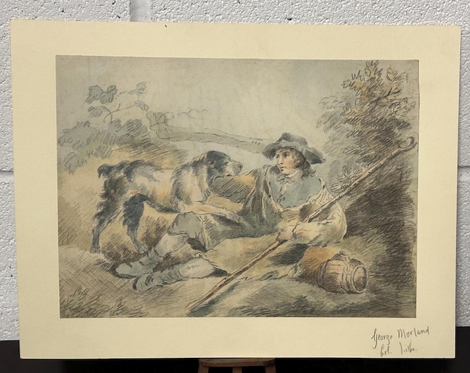 Vintage Lithograph After George Morland – “The Shepherd Boy” Pastoral Scene with Dog