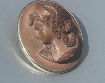 Antique 19th Century Italian Lava Cameo Brooch – Classical Female Profile – Grand Tour Jewellery