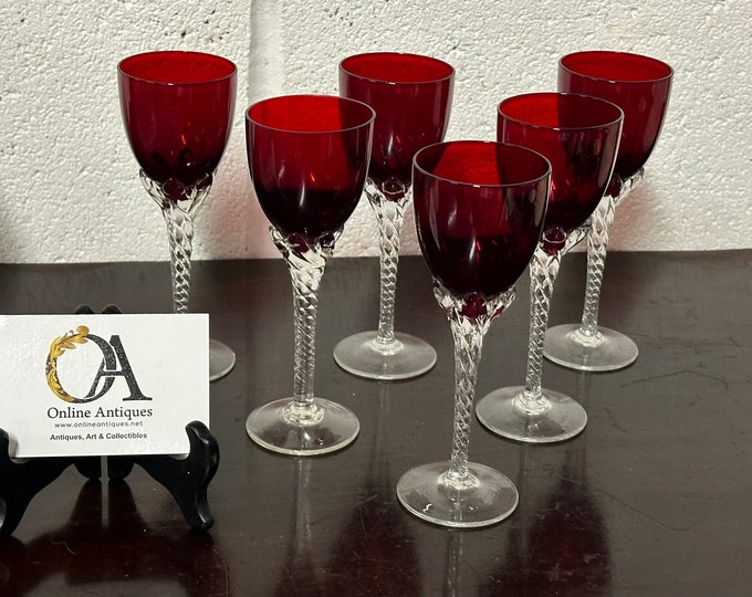 Set Of Six Beautiful Vintage Ruby Red Glasses On Twisted Stems