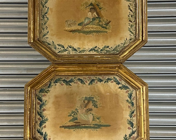 Rare Pair of Antique Gilt Framed Regency Silk Work Panels