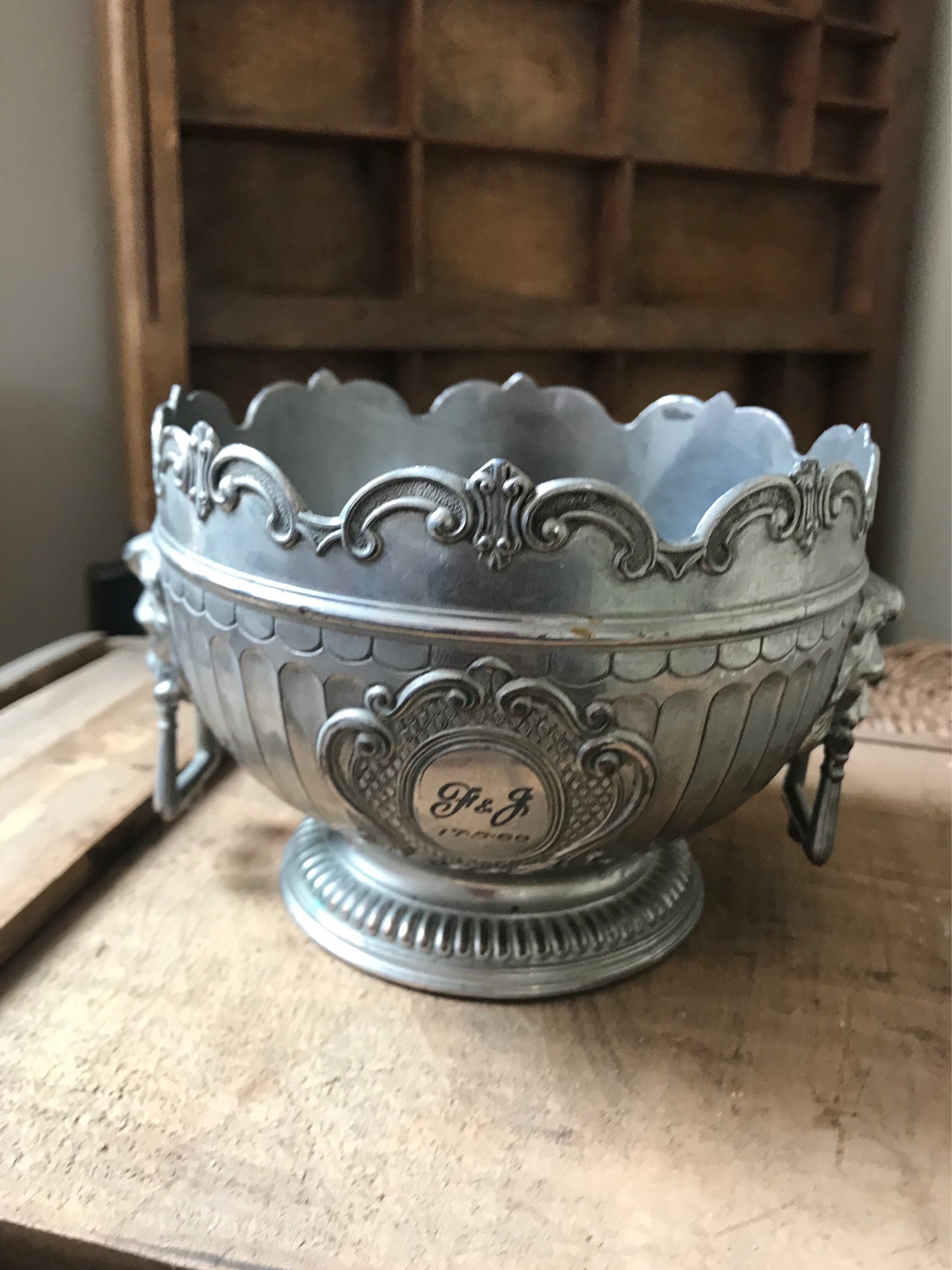 Vintage Silver Metal Beautifully Designed Twin Lion Handled Bowl