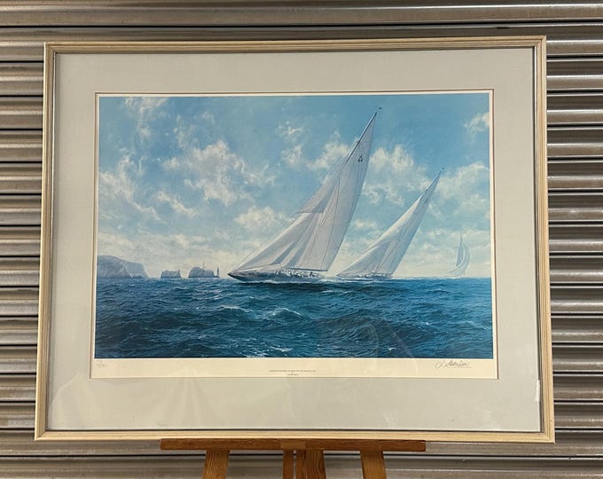 Large Limited edition [131/750] print by J Steven Dews titled Endeavour Racing Velsheda off the Needles, 1934