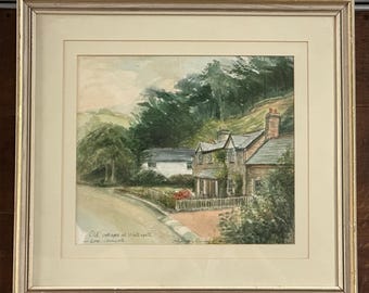 Lovely Original Watercolour Of Old Cottages At Watergate Nr Looe, Cornwall