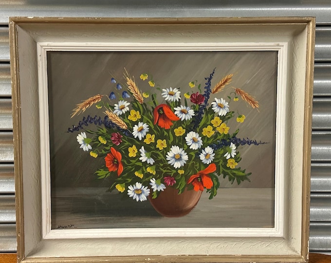 Original Oil Painting – Wildflower Bouquet in Rustic Pot - Indistinctly Signed