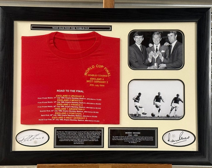 Hand Signed West Ham Won World Cup Display Signed By Martin Peters & Sir Geoff Hurst and includes Tribute Shirt