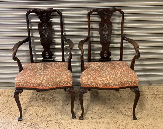 Beautiful Pair Of Early 1900’s Mahogany Armchairs With Lovely Floral Upholstery
