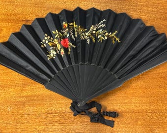 Victorian Mourning Fan / Black Satin Hand Fan with Floral Embroidery