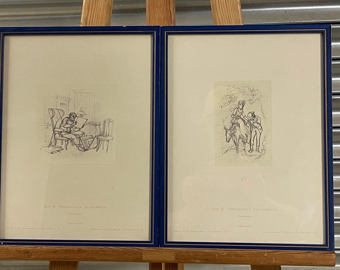 Antique Pair of Blind Stamped German Prints by A. Hendschel’s Skizzenbuch circa 1870