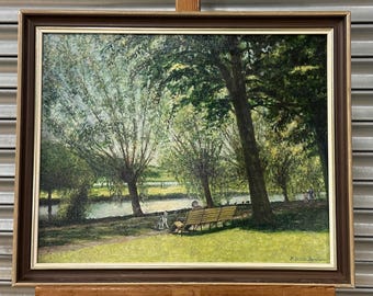 Vintage Impressionist Oil Painting Riverside Scene, Probably Bedford Embankment