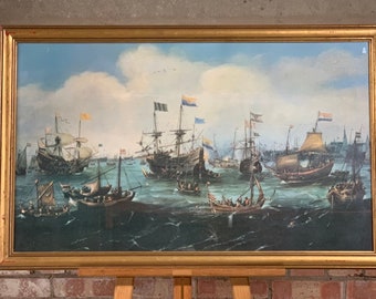 Large Frame and Glazed Print Of The Return Of The Dutch East India Fleet to Amsterdam, in 1599, after Andreis Van Eervelt (1590-1652)