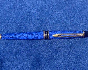 Vintage Waterman Paris Blue Marble Gold Trim Ballpoint Pen with Case