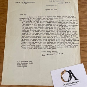 De interés en la historia de la aviación - Carta de Lord Moore-Brabazon sobre el Voisin y el primer vuelo en Inglaterra en 1909