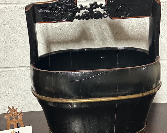 Antique Chinese Ebonised Wood With Gilt Decoration Water Bucket