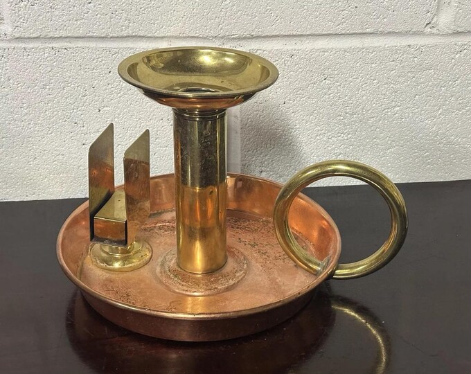 A Large Superb Antique Brass And Copper Chamberstick With Matchbox Holder