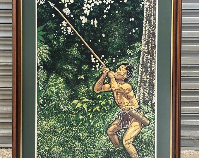 Vintage Wax Style Painting Of Borneo Forest Hunter With Blow Pipe Spear