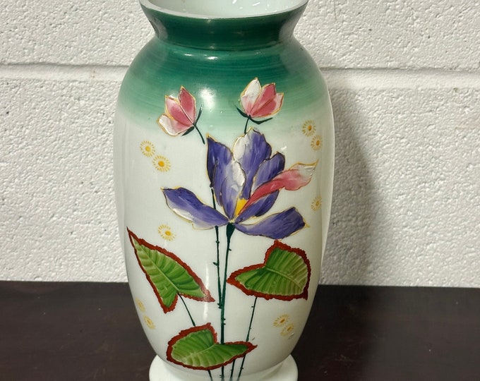 Exquisite Victorian Floral Hand Painted Opaline Milk Glass Vase