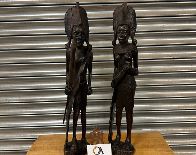 Large Pair Of Vintage African Carved Male & Female Figures