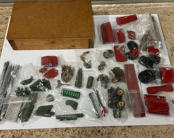 43 Bags Of Various Meccano Vintage Metal Parts Lot – Gears, Wheels, Strips & Box etc